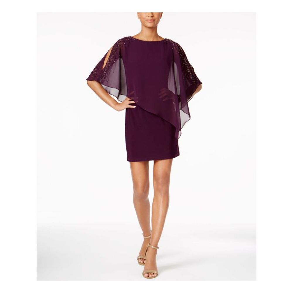 NWT XSCAPE Womens Maroon Cape Overlay Boat Neck Short Party Sheath Dress 10